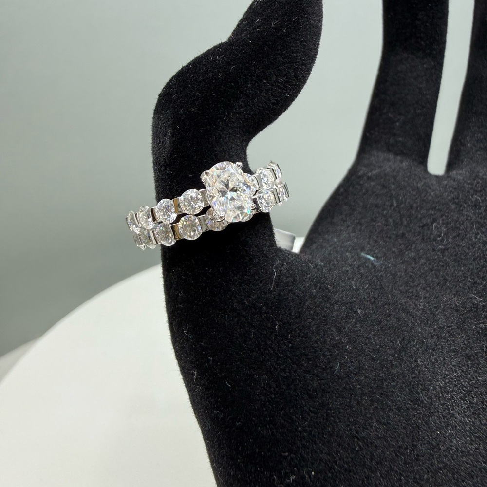 Moissanite Bridal Ring Set 925 Silver 2.00 CTW Pear Center + Eternity Band Size